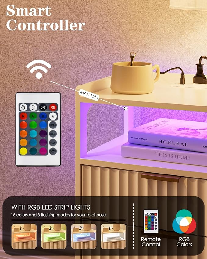 Nightstand with Charging Station and LED Lights, Modern Bedside Table with - Image 4