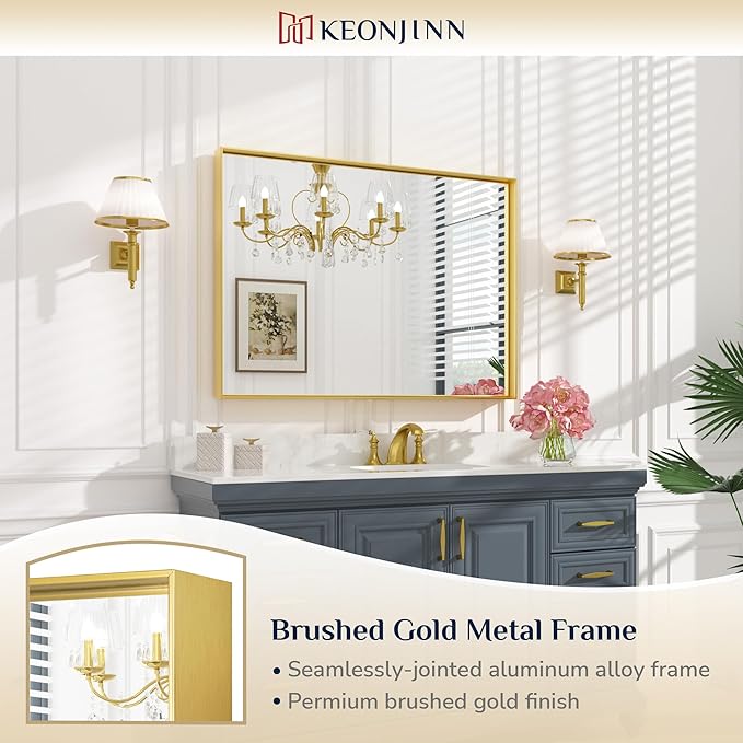 Keonjinn Gold Bathroom Mirror 40 x 30 Inch, Brushed Gold Mirror - Image 9