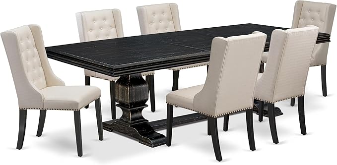 NKFO7-SBB-01-7-Piece Dining Set Consists of a Dining Table and 6 Cream Linen - Image 2