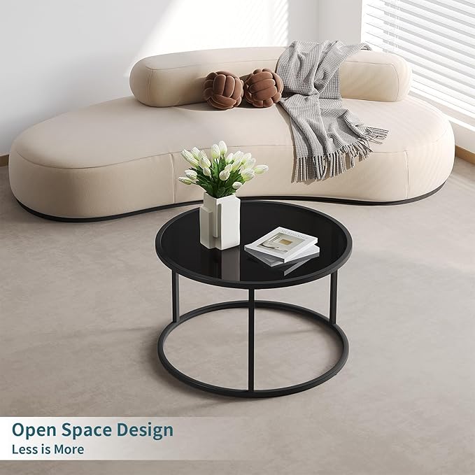 SAYGOER Black Glass Coffee Table Small Round Coffee Tables 27.6In Modern - Image 8