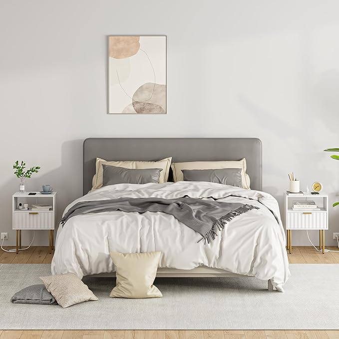 Masupu Nightstand with Charging Station, Mid-Century Modern Bedside Table with - Image 8