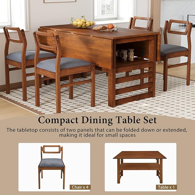 Drop Leaf Dining Table with Chairs Set of 4, 5-Piece Farmhouse Rectangular - Image 6