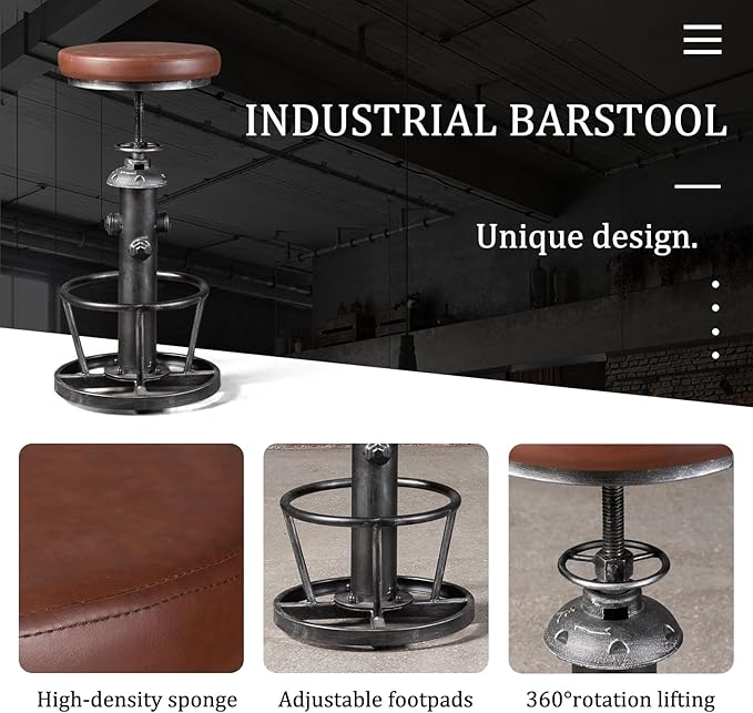 Topower Antique Industrial Round Bottom Adjustable Height Cafe Coffee Retro - Image 5