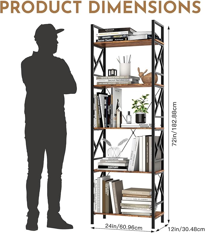 72"H 5-Tier Bookshelf: MDF Wood & Steel Shelves - Image 2