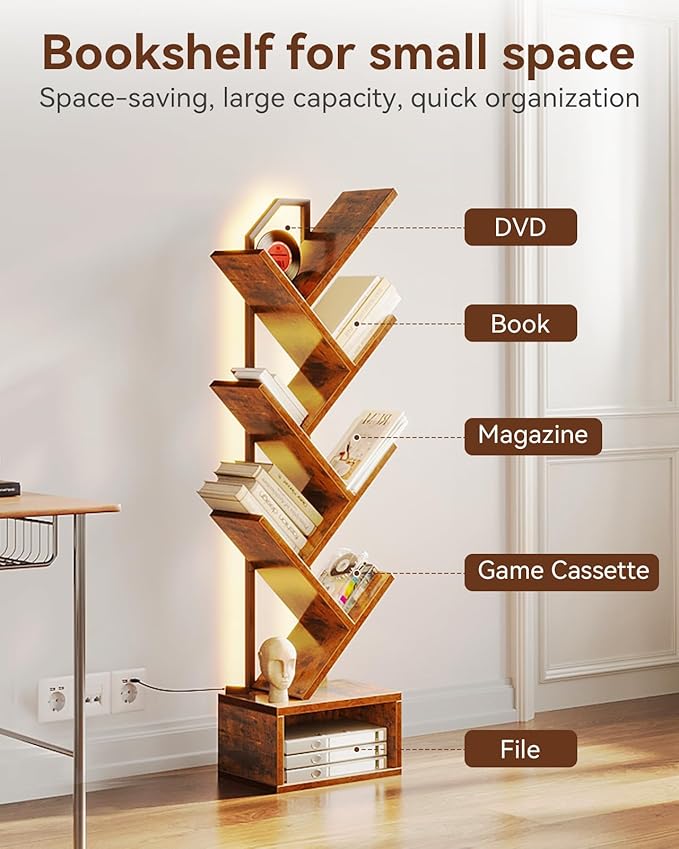 Casaottima 6-Tier Tree Bookshelf — Narrow Floor Standing Bookcase, Tall Steel & - Image 4