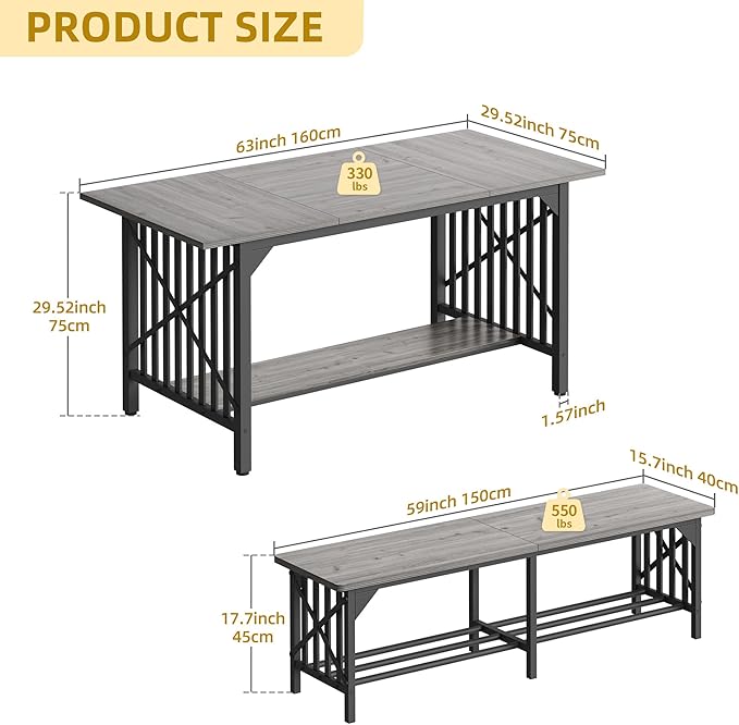 DWVO 3-Piece Dining Table Set for 4-6 People, Industrial Rectangular Dining - Image 2