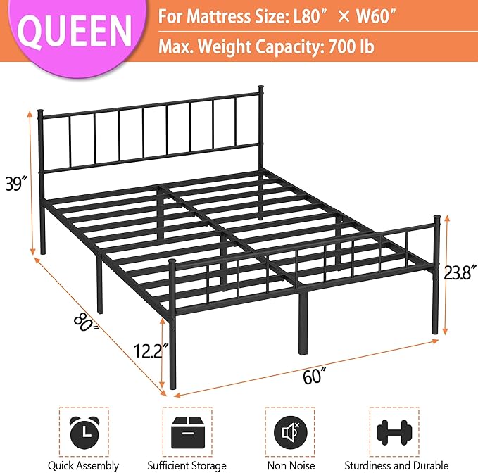 Queen Bed Frame-Classic Metal Platform Bed Frame, Mattress Foundation - Image 2