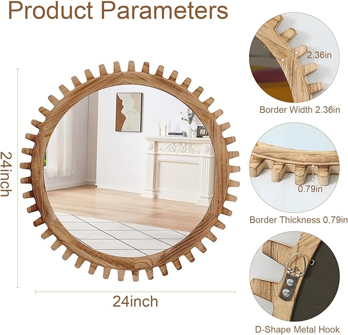 ULIKE Round Wood Mirror, 24 Inch Rustic Farmhouse Circle Mirror - Image 5