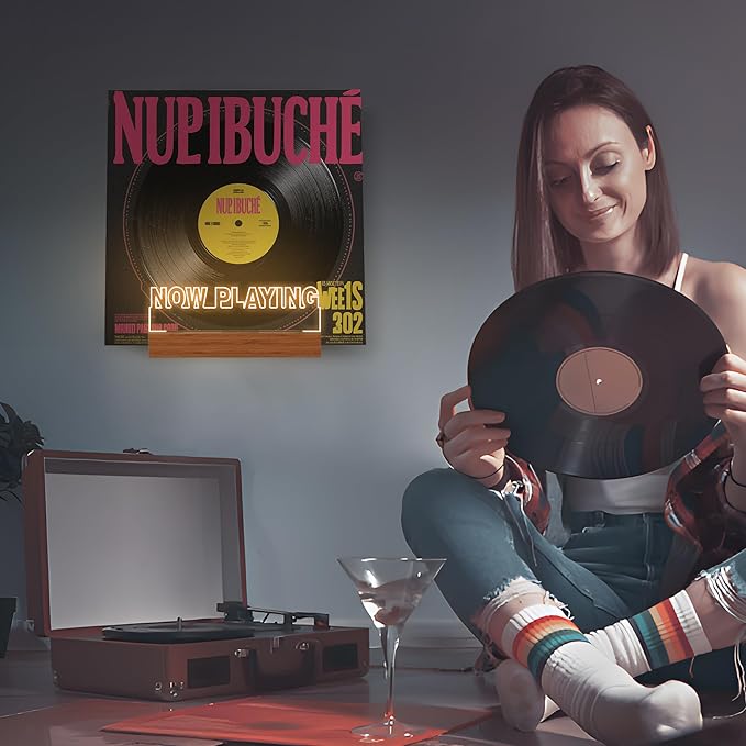 Now Playing Vinyl Record Stand Wall Mount, Light up Record Holder, Wooden - Image 5