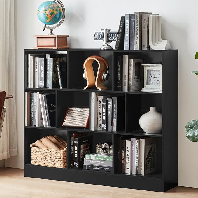 YAHARBO Black Wide Bookshelf, 3 Tier Modern Horizontal Bookcase, Wood Low by YAHARBO