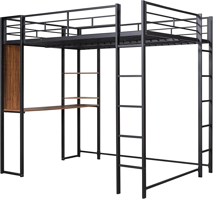 Full Size Metal Loft Bed with 2 Storage Shelves and 1 Desk, Steel Structure Bed - Image 5