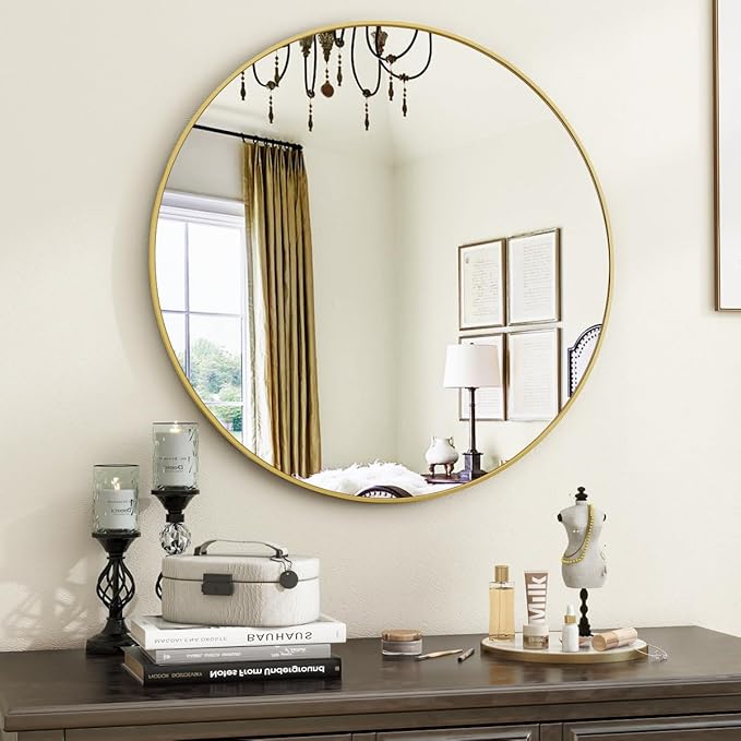 Gold Round Bathroom Mirror, 20 inch Circle Wall Mounted Hanging Mirror by VooBang
