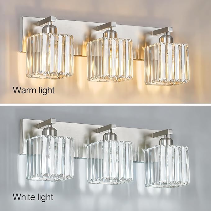 Modern Vanity Light 3-Lights Brushed Nickel Vanity Light Crystal Bathroom Wall - Image 4