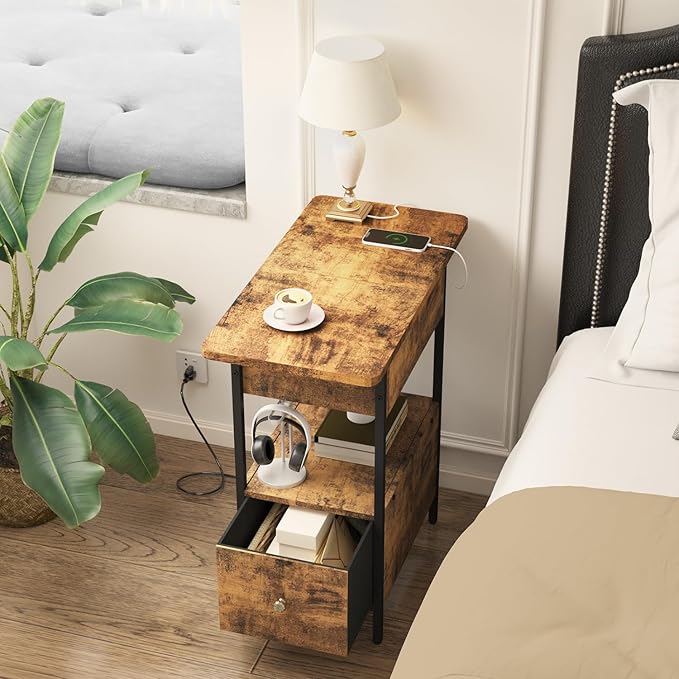 SOOWERY End Table with Charging Station, Narrow Side Table with Flip Top - Image 6