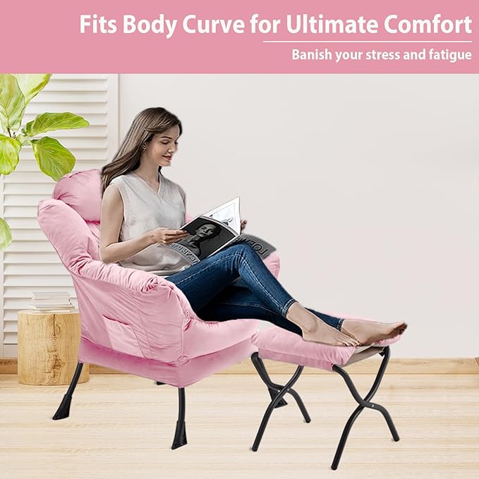 Lazy Chair with Folding Ottoman, Accent Chair Velvet Upholstered with Metal - Image 4