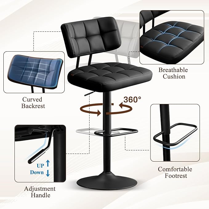 Furniliving Upholstered Bar Stools Set of 4, Faux Leather Swivel Bar Stools - Image 4