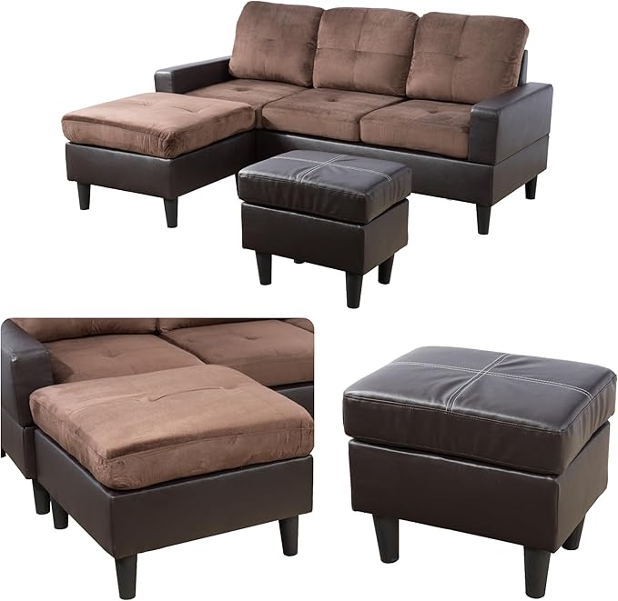 L Shaped Sofa with Ottoman, Modern Faux Leather Couch with Chaise, 3 Seat - Image 3