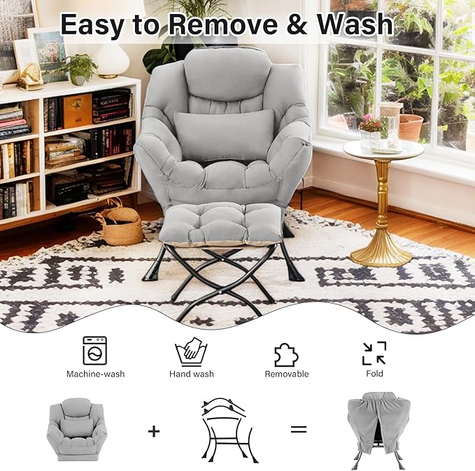 Lazy Chair with Ottoman, Modern Lounge Chair with Lumbar Pillow, Accent Cozy - Image 7