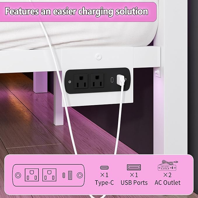 Full Size Bed Frame with Headboard and Footboard, Steel Slats Support-LED Bed - Image 4