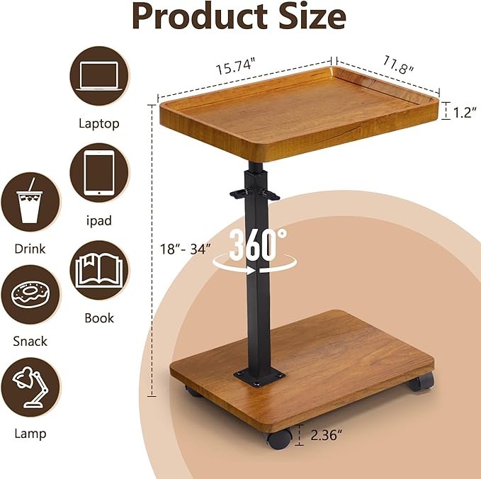 Aoligrace C Shaped End Table Adjustable Height, 360° Swivel Side Table - Image 2