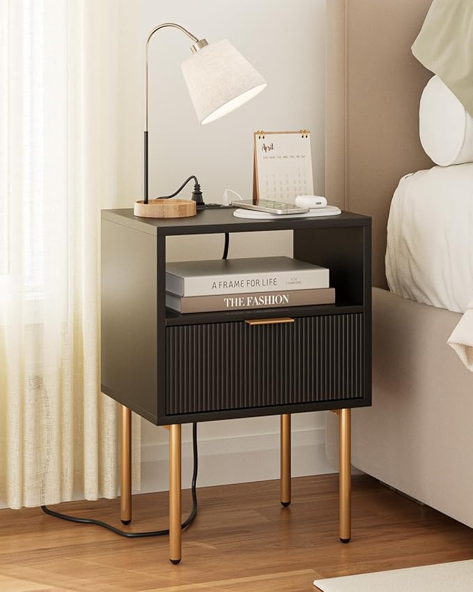 Masupu Nightstand with Charging Station, Mid-Century Modern Bedside Table with - Image 3
