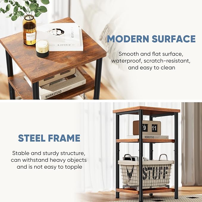 DUMOS End Table Small Side Sofa Tables 3 Tier Tall Nightstand Storage Shelf - Image 5