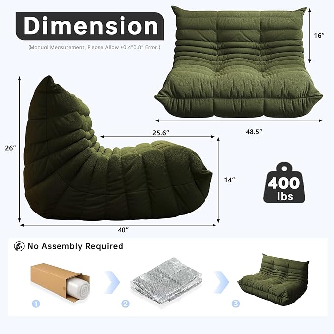 Bean Bag Chairs for Adults, Memory Foam Couch Loveseat Sofa Chair, Soft Teddy - Image 2