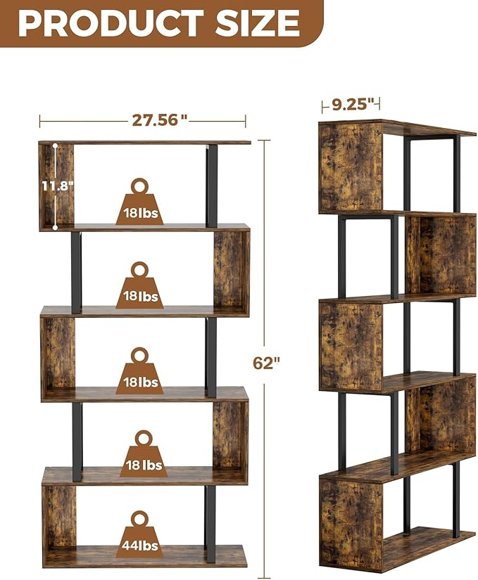 Gadroad 5-Tier Geometric Bookcase, S Shaped Bookshelf, Wood Decorative Storage - Image 3