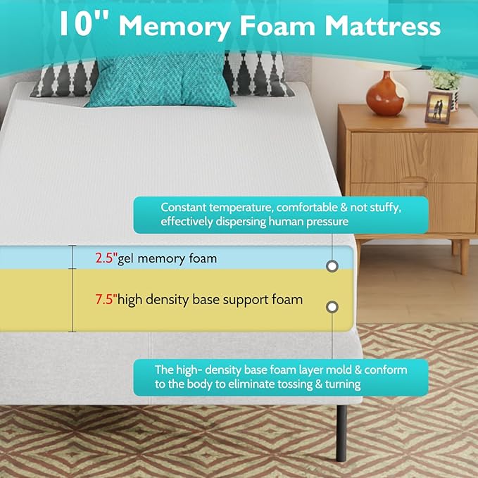 FDW | 10 Inch Twin XL Mattress | Medium Firm | Gel Memory Foam Mattress | White - Image 4