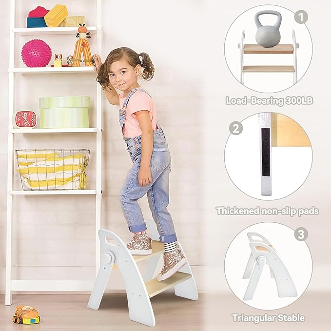Wooden 2 Step Stool for Kids Bathroom Sink Foldable Anti-Slip 2-Step for Toilet - Image 4