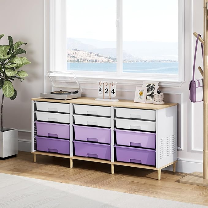 12-Drawer Storage Cabinet with Wooden Tabletop, Versatile Cube Storage - Image 2