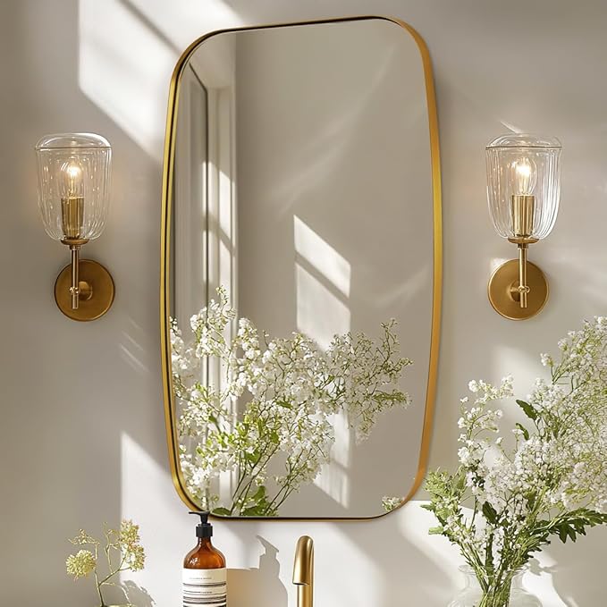 ANDY STAR Brass Bathroom Mirror, 24x32’’ Brushed Gold Metal Frame Oblong Mirror by ANDYSTAR
