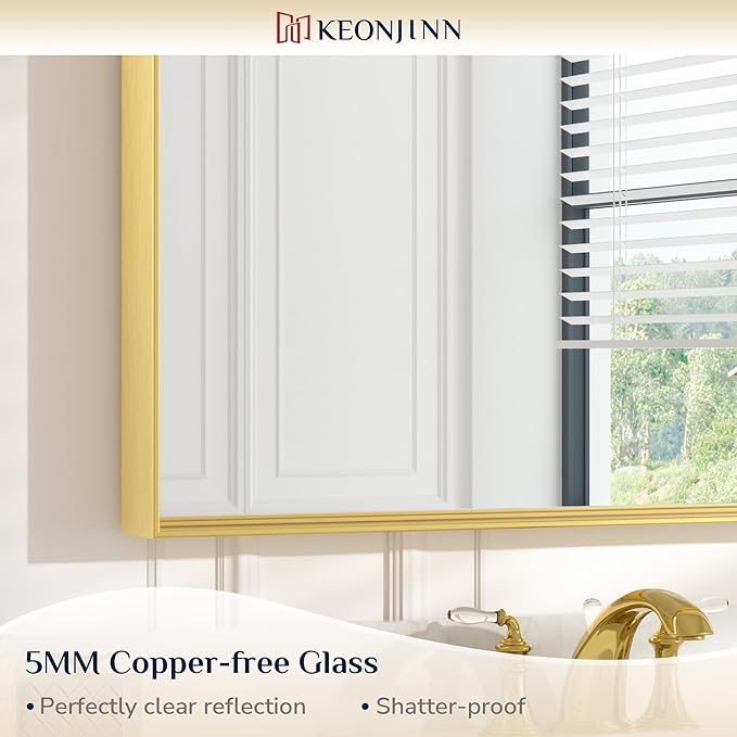 Keonjinn Gold Bathroom Mirrors for Wall 48 x 24 Inch Brushed Gold Frame - Image 9