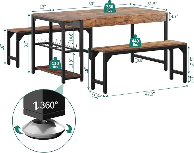 YITAHOME 63" 3 Piece Kitchen Dining Table Set - Image 2