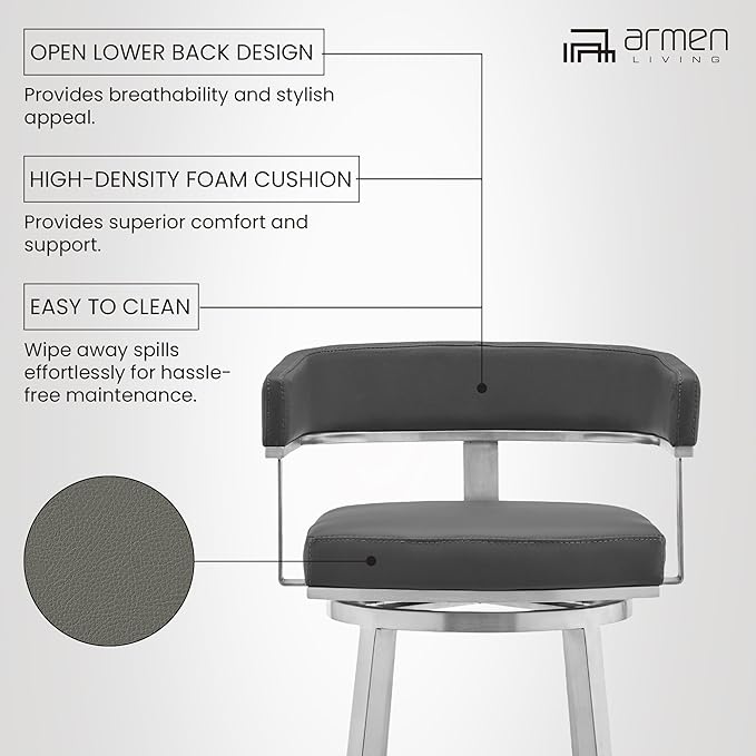 Armen Living Lorin Modern 26" Seat Height Gray Faux Leather and Brushed - Image 11
