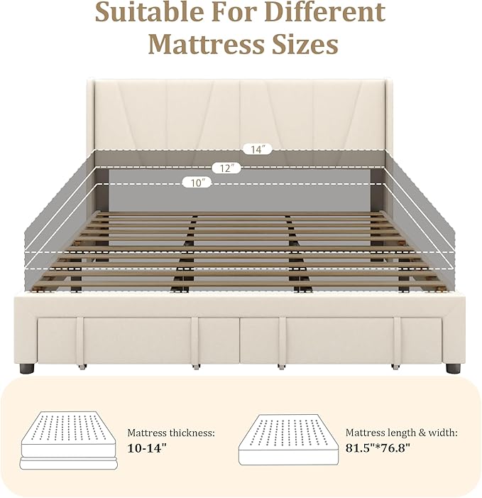 King Bed Frame with Storage Drawers, Upholstered Platform Bed with Headboard - Image 7