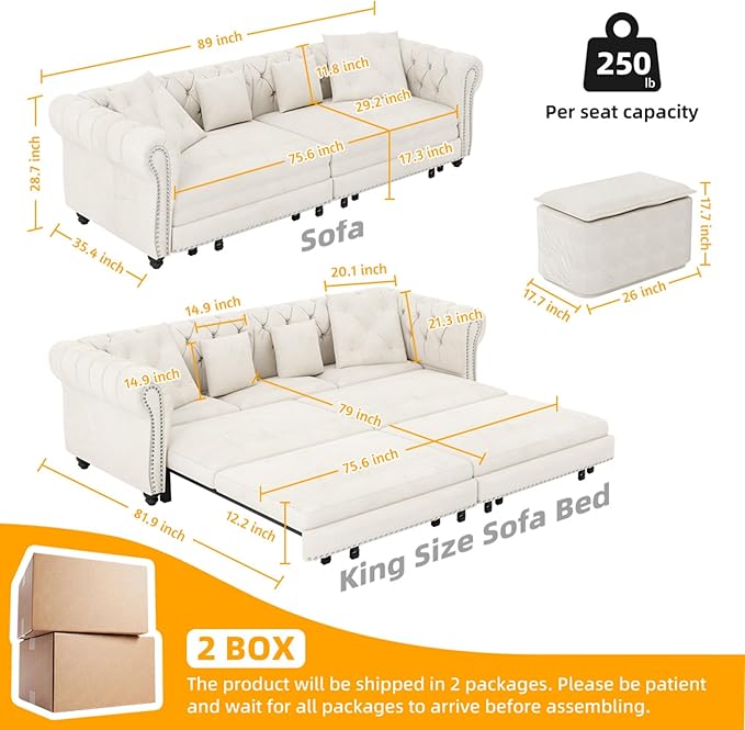 KEIKI 3-in-1 Velvet Chesterfield Sofa Bed - Image 2