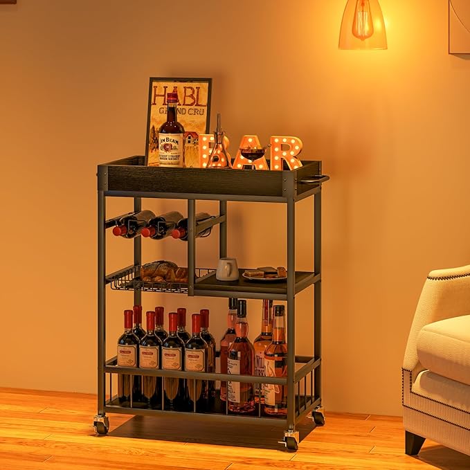 Bar Cart with Basket 3 Tiers Home Rolling Wine Rack with Wheels Mobile Kitchen - Image 4