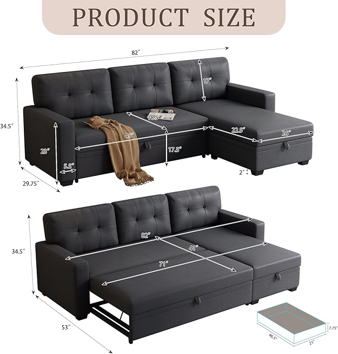 Ball & Cast Convertible Sectional Sleeper Sofa Bed L Shaped 4 in 1 Pull Out - Image 2