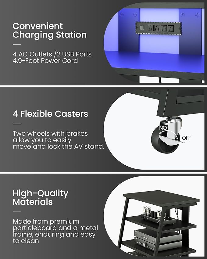 4-Tier AV Media Stand with Wheels, Stereo Stands, Media Console Shelf with - Image 8