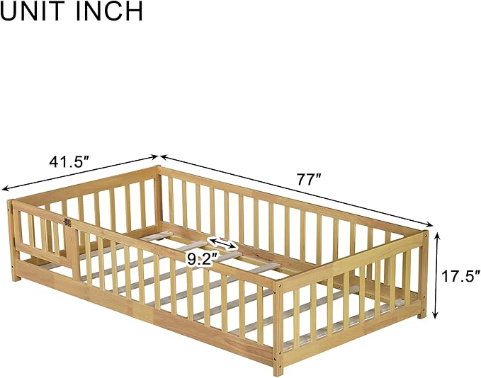 Twin Floor Bed Frame with Slats and Safety Guardrail, Wood Twin Size Montessori - Image 3