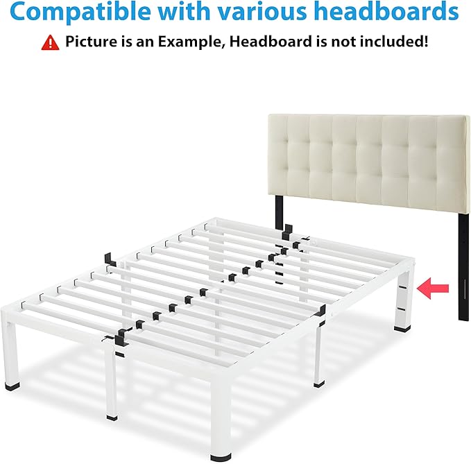 18 Inch Queen Size White Bed Frame, 3500Lbs Heavy Duty Metal Platform - Image 7