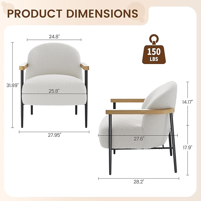 Garvee Modern Accent Chair, Wood Arms, Metal Frame & Adjustable Feet, Mid - Image 3