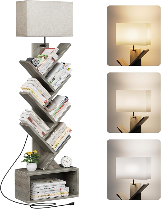 6 Tier Tree Bookshelf with Light, Narrow Bookcase Tower, Tall Floor Standing by Evermagin
