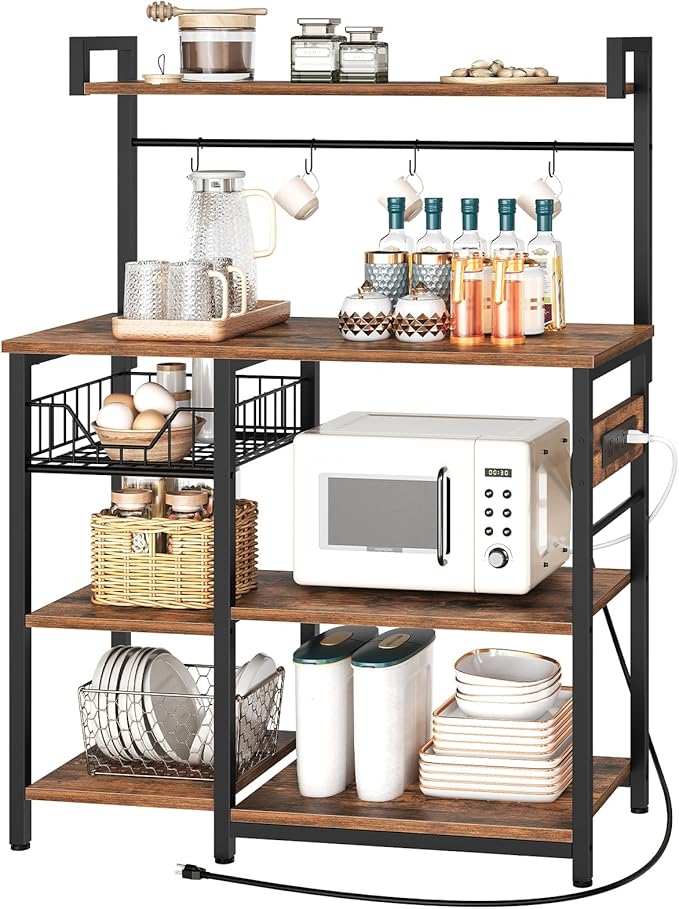 HOOBRO Bakers Rack with Power Outlet, 35.4 Inches Coffee Bar with Mesh Basket - Image 9