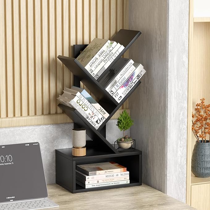 Small Tree Book Shelf, 5 Tier Black Tree Bookshelf, Modern Desk Display Storage - Image 2