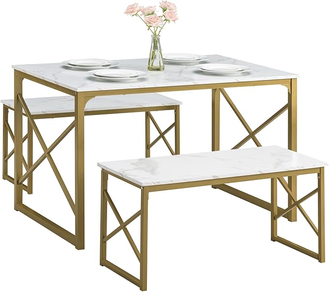 VECELO Kitchen Table with 2 Benches - Image 2