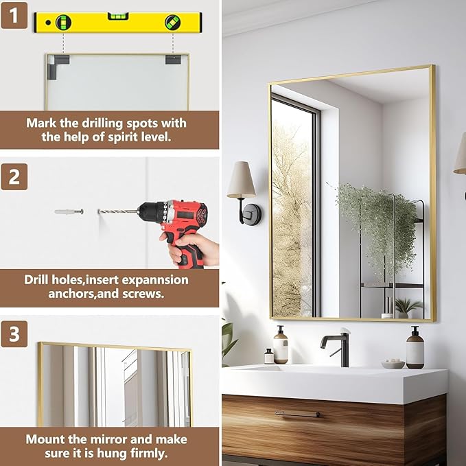 Gold Bathroom Mirror, Brushed Gold Mirror, Metal Frame Square Corner Vanity - Image 6