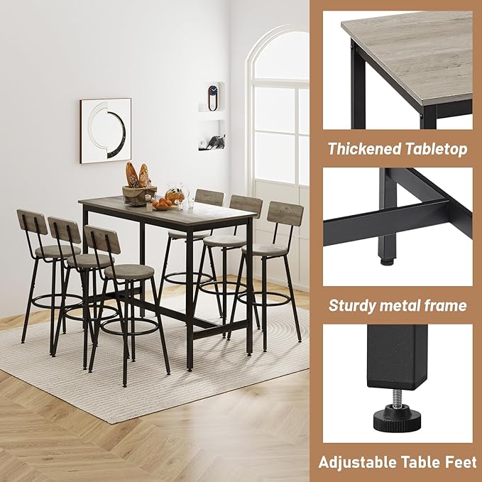 Dining Table Set for 6, 7-Piece Bar Table Set, Kitchen Table and Chairs - Image 3