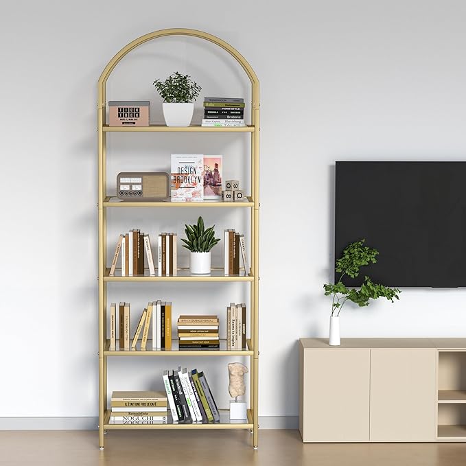Homhedy Bookshelf Arched Display Racks, Metal Bookcase, Tempered Glass Shelves - Image 5